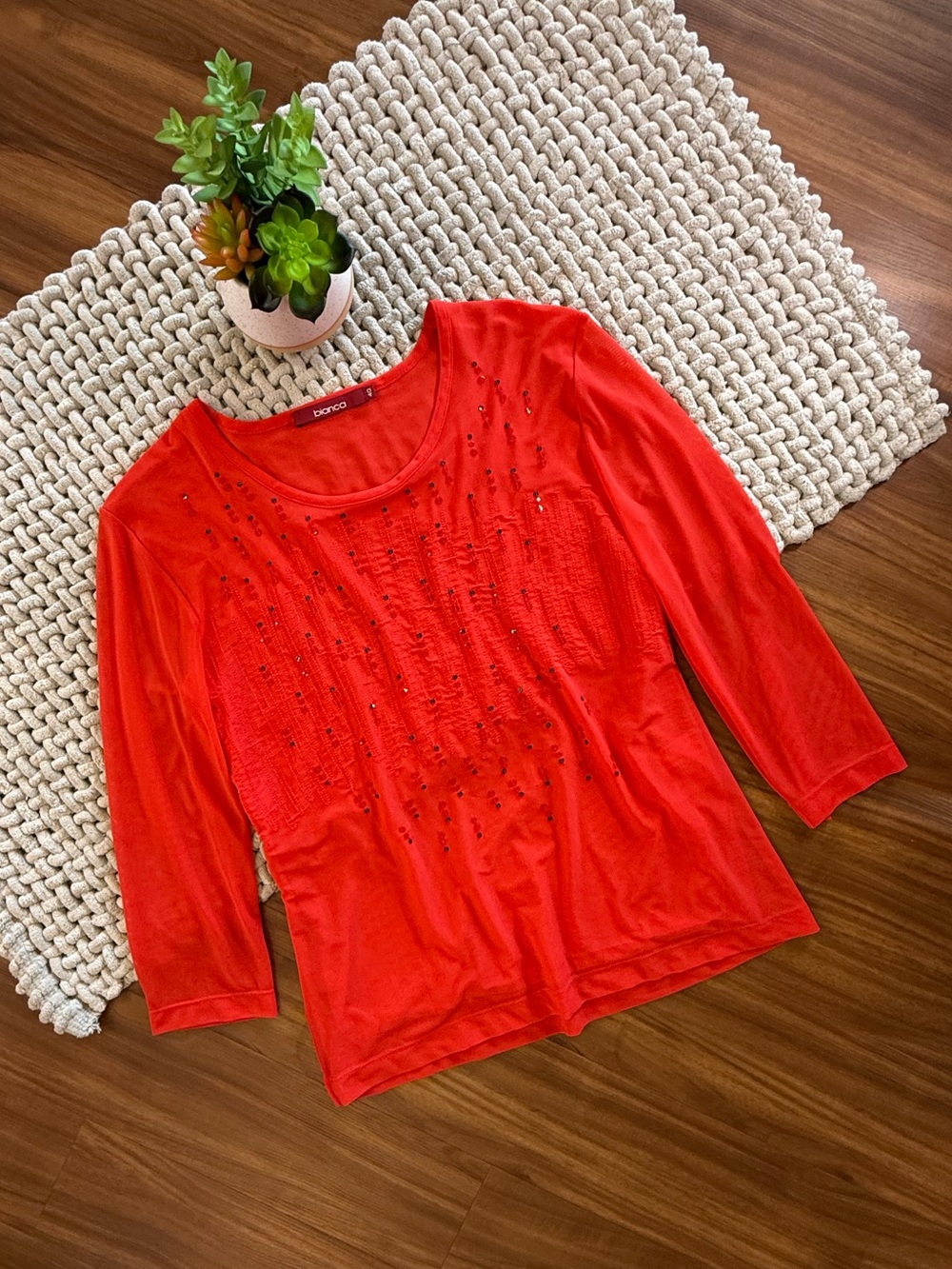 Bianca | Women’s Sheer 3/4 Sleeve Sequin Blouse | Red/Orange | 10